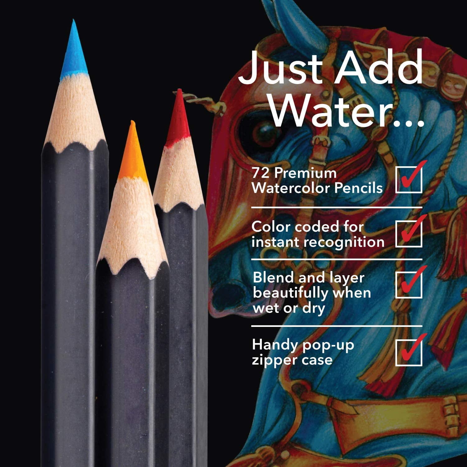 Castle Art Supplies 72 Watercolor Pencils Zip-Up Set for Adults Kids Artists | Quality Colored Cores Vivid Colors to Create Beautiful Blended Effects with Water | Includes Handy Travel Case