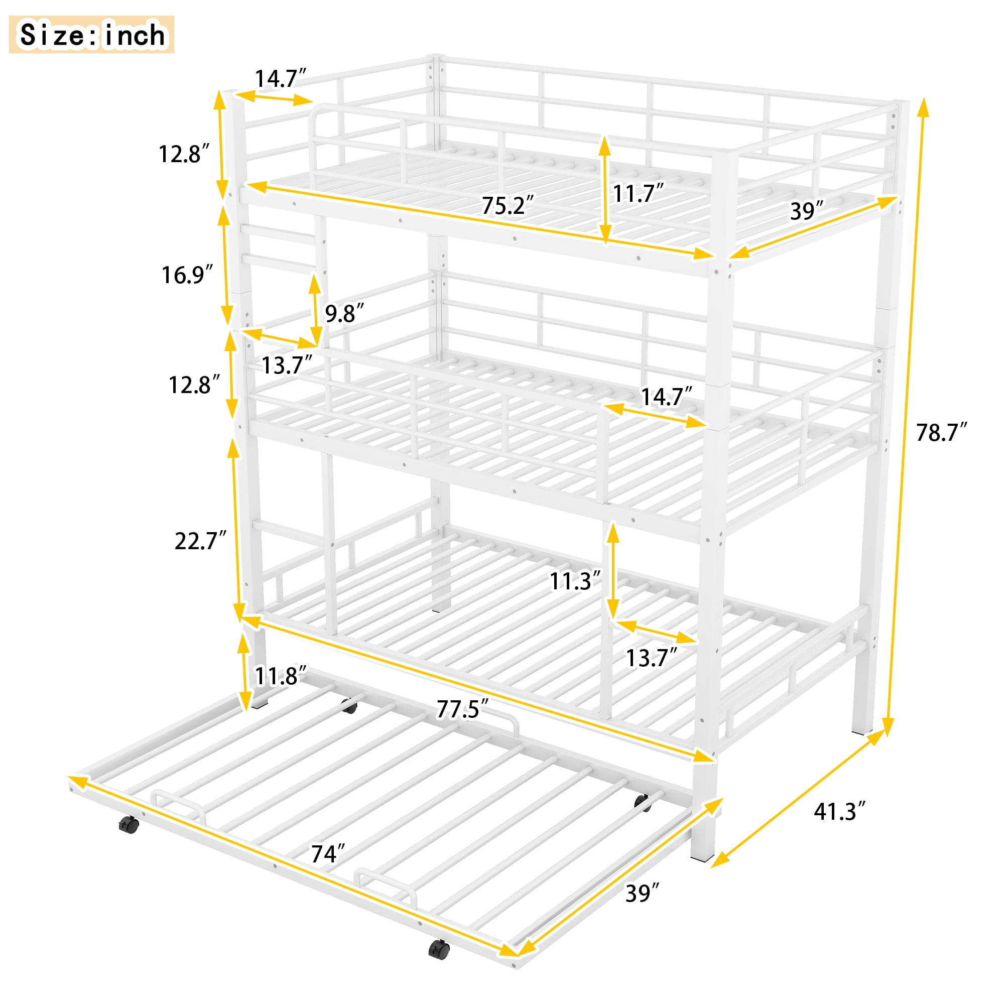 Metal Twin Size Triple Bunk Bed With Trundle, White