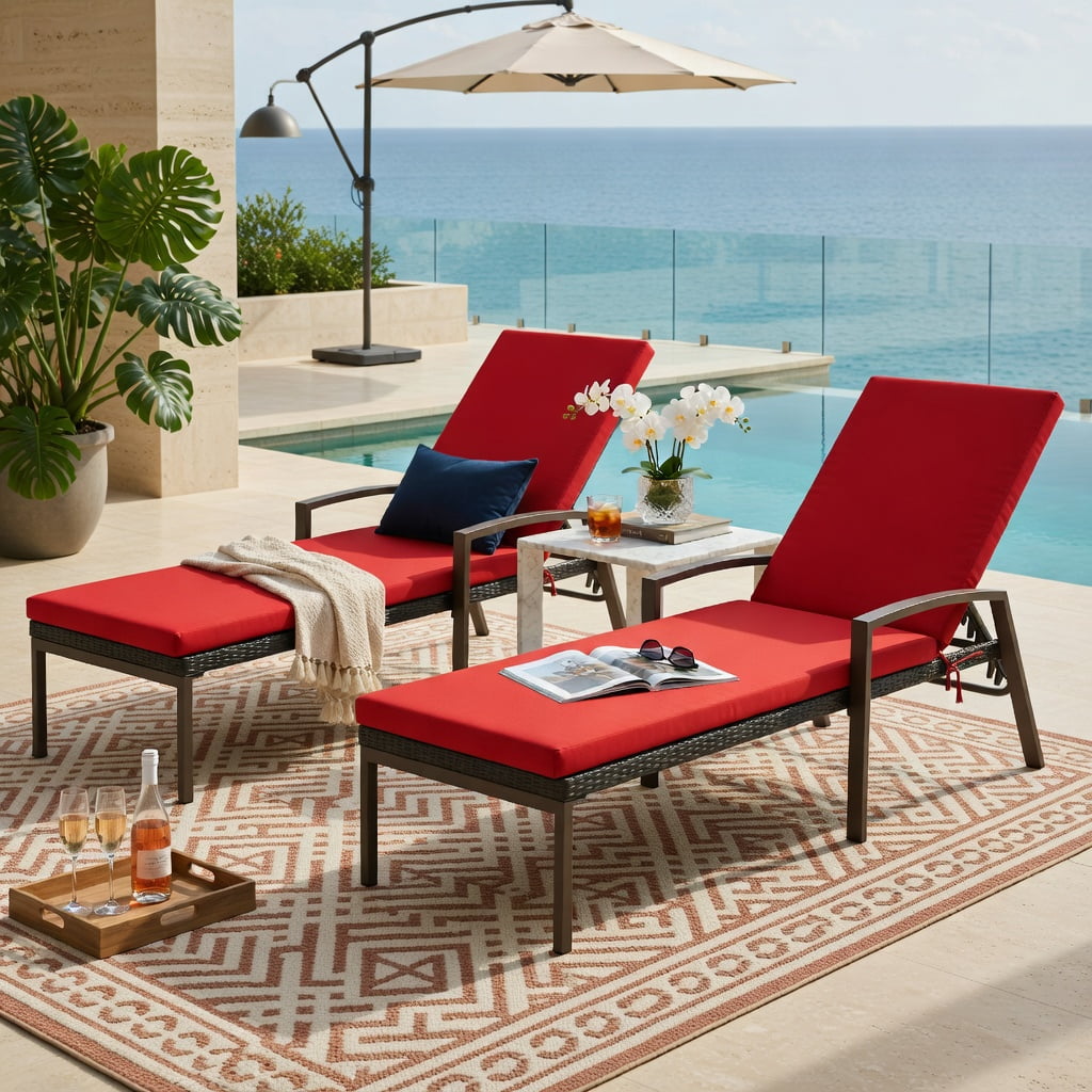 Hommoo 2-Pack Adjustable Outdoor Lounge Chairs with Removable Cushions, Steel Frame, PE Rattan, Weather-Resistant Patio Seating, Red