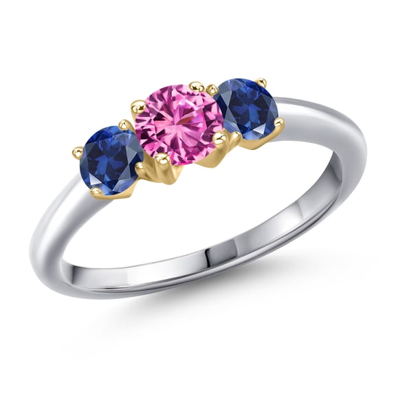 Gem Stone King 925 Silver and 10K Yellow Gold Pink Created Sapphire and Blue Created Sapphire Engagement Ring for Women | 1.05 Cttw | Round 5MM | Gemstone September Birthstone | Size 9
