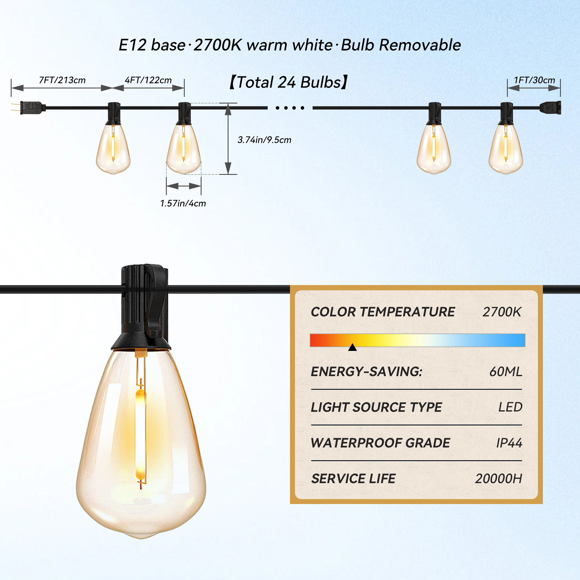 DAYBETTER 100ft Solar Outdoor String Lights, 24 Bulbs photo 6