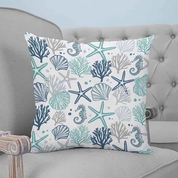 Blue Teal Coastal Throw Pillow Covers, Soft Pillowcases with Invisible Zipper, Summer Beach Starfish Coral Nautical Decorative Square Pillow Cushion Covers for Living Room Couch Sofa Bed 16x16 Inches