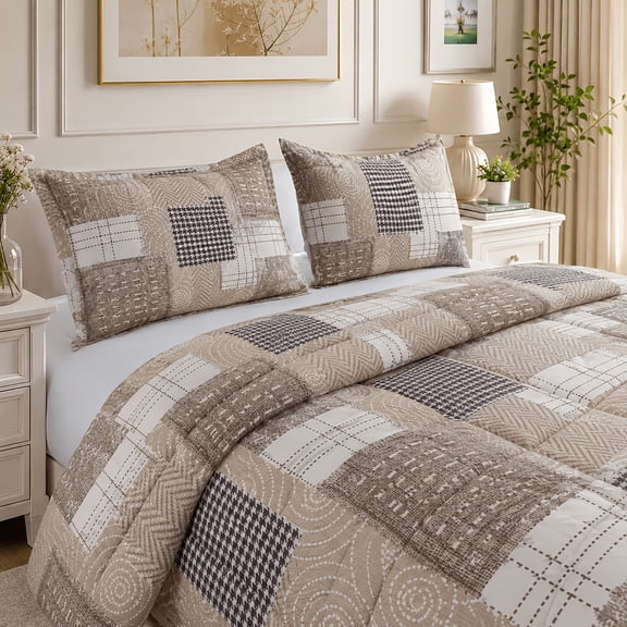 2Pcs Twin Patchwork Floral Plaid Comforter Set