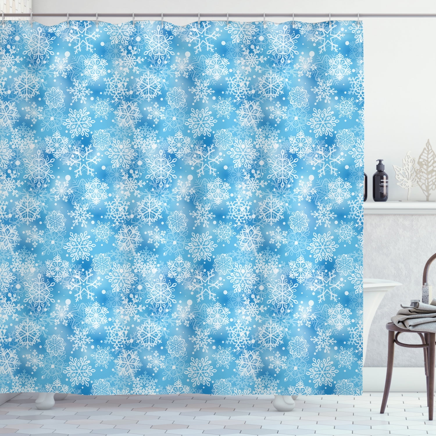 Snowflake Shower Curtain, Pattern of Winter Motifs Cold Weather