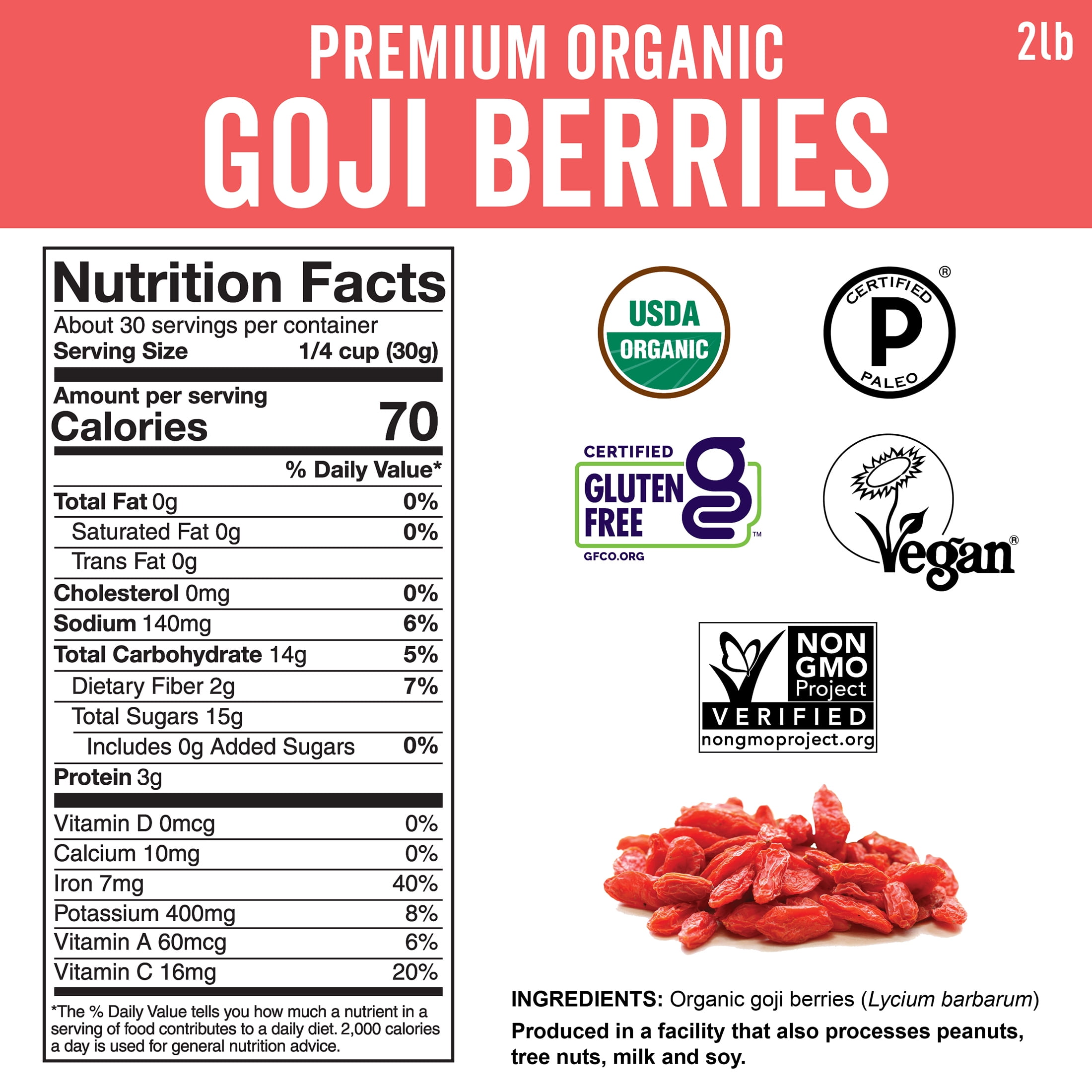 Viva Naturals Organic Goji Berries, 2 lb (Pack of 1) Handpicked