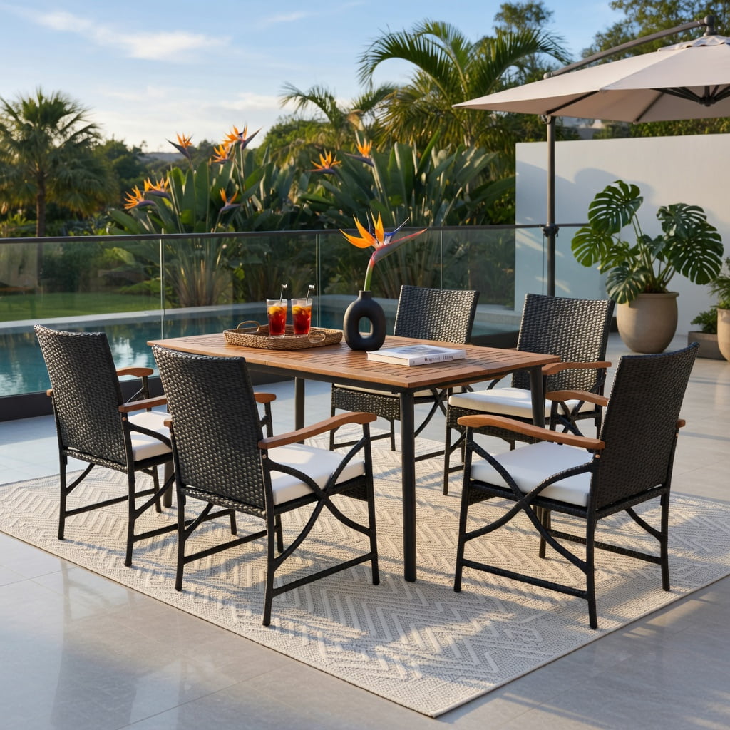 Hommoo Set of 4 Wicker Patio Chairs with Off-White Zippered Cushions, PE Rattan & Acacia Wood Outdoor Seating for Backyard, Poolside & Porch, Brown
