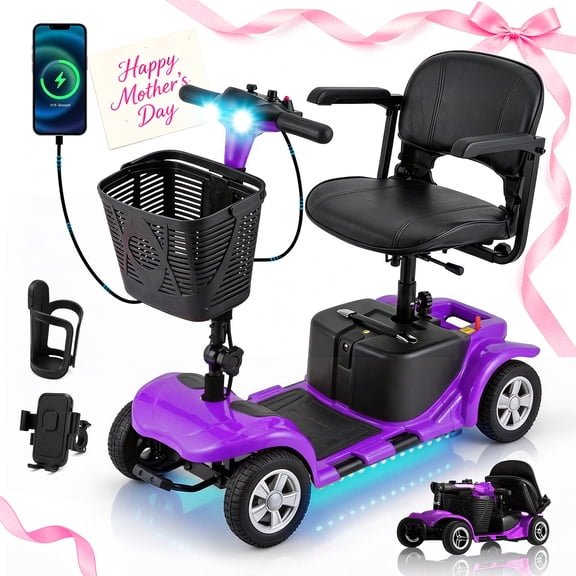 QEASET 4 Wheels Mobility Scooter for Seniors, Electric Folding Wheelchair Device for Travel,  Mother's Day Gift for Mom,  Purple