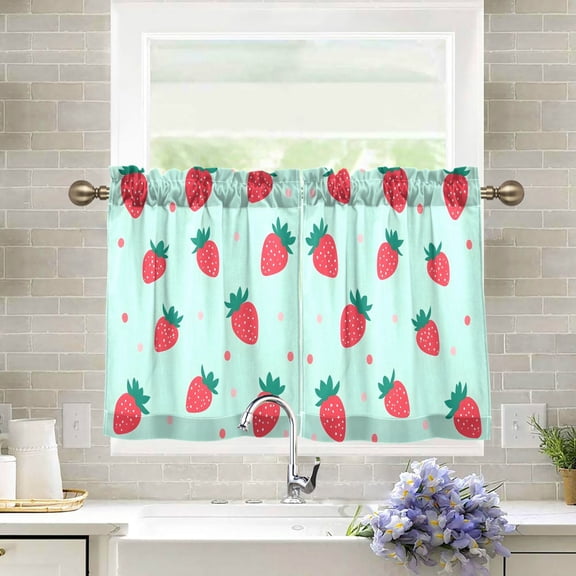 Yayeee Kitchen Curtains Tier Pair Light Filtering 27"x24" Rod Pocket Short Cafe Window Panel, Green Strawberry