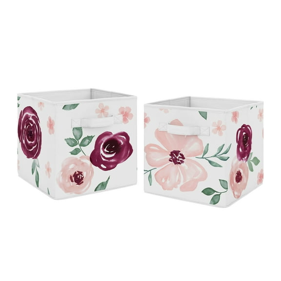 Watercolor Floral Burgundy Wine and Pink Fabric Storage Bin (Set of 2) by Sweet Jojo Designs