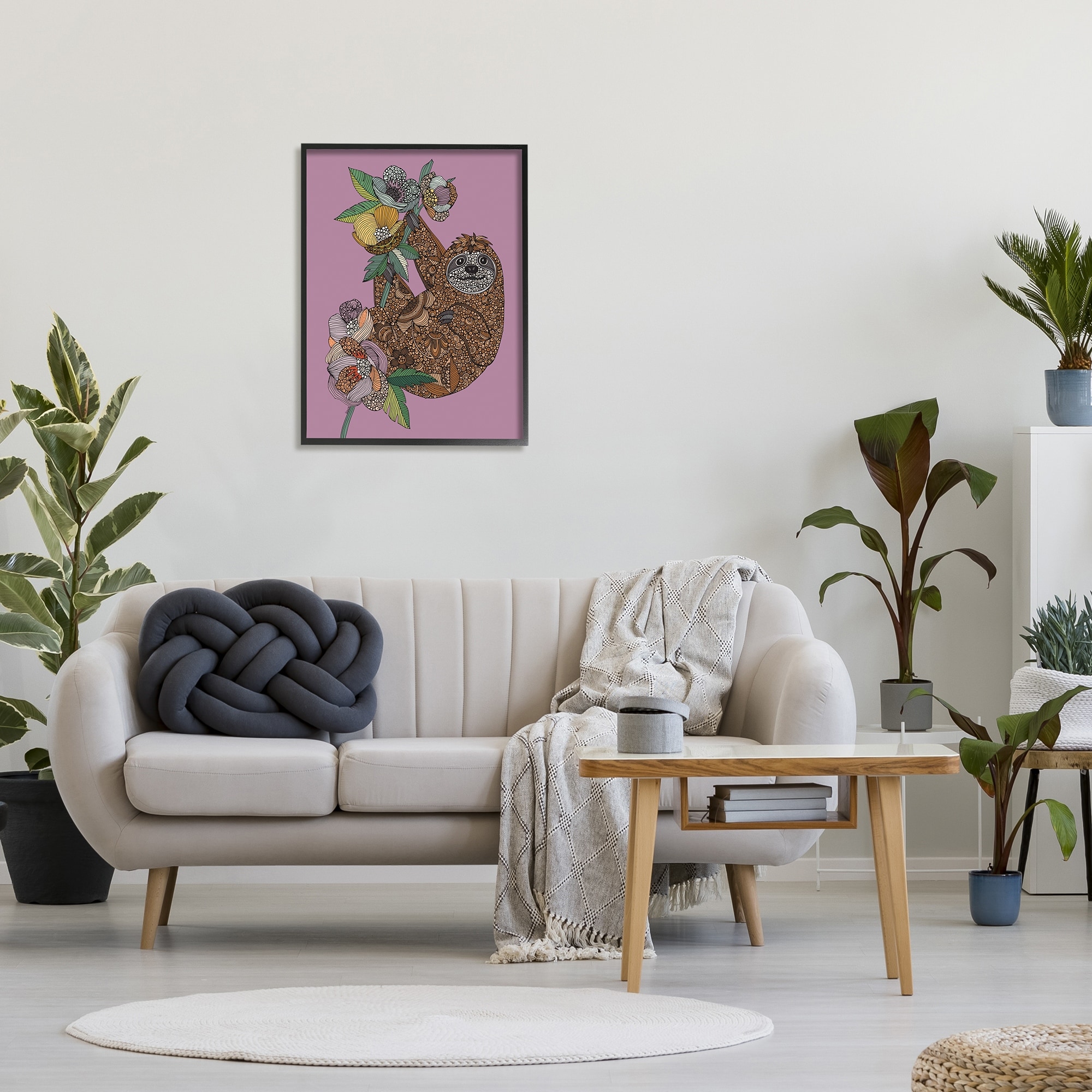 Stupell Industries Sloth Hanging Flower Blossoms Intricate Fractals Pattern Graphic Art Black Framed Art Print Wall Art, Design by Valentina Harper
