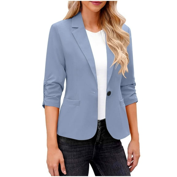 ZQGJB Women's Ruched 3/4 Sleeve Blazers, Lightweight Slim Fit Jackets with Padded Shoulder for Work Business Casual Light Blue S