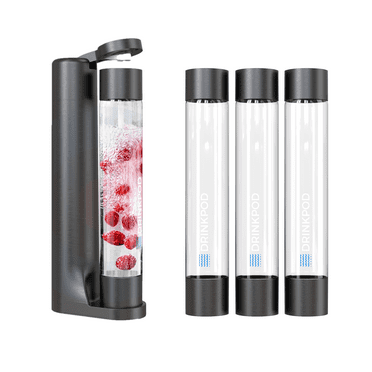 Drinkpod Soda Maker, Fizzy Sparkling Water & Fizzpod Soda Maker with Three 1L Bottles, 3 Caps, 1 Fizz Infuser & Manual, Model DPFZPOD1KB - Color Black