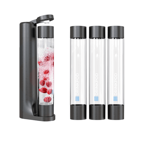 Drinkpod Soda Maker, Fizzy Sparkling Water & Fizzpod Soda Maker with Three 1L Bottles, 3 Caps, 1 Fizz Infuser & Manual, Model DPFZPOD1KB - Color Black