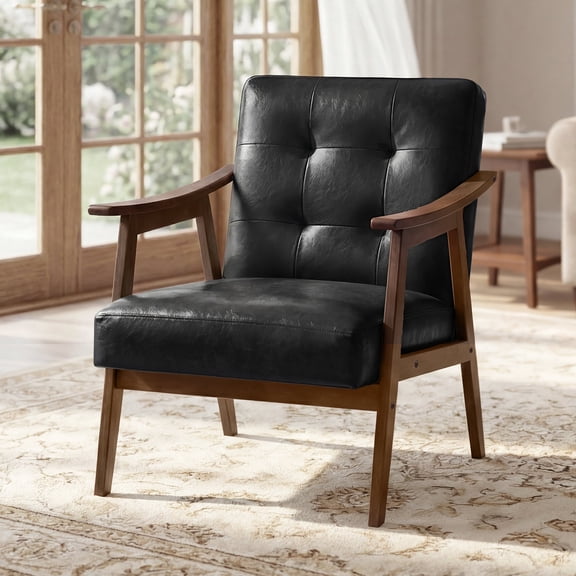 VASAGLE Accent Chair, PU Leather Armchair, Button Tufted Living Room Chair, Thick Cushion, Mid Century Modern Lounge Seating, Black