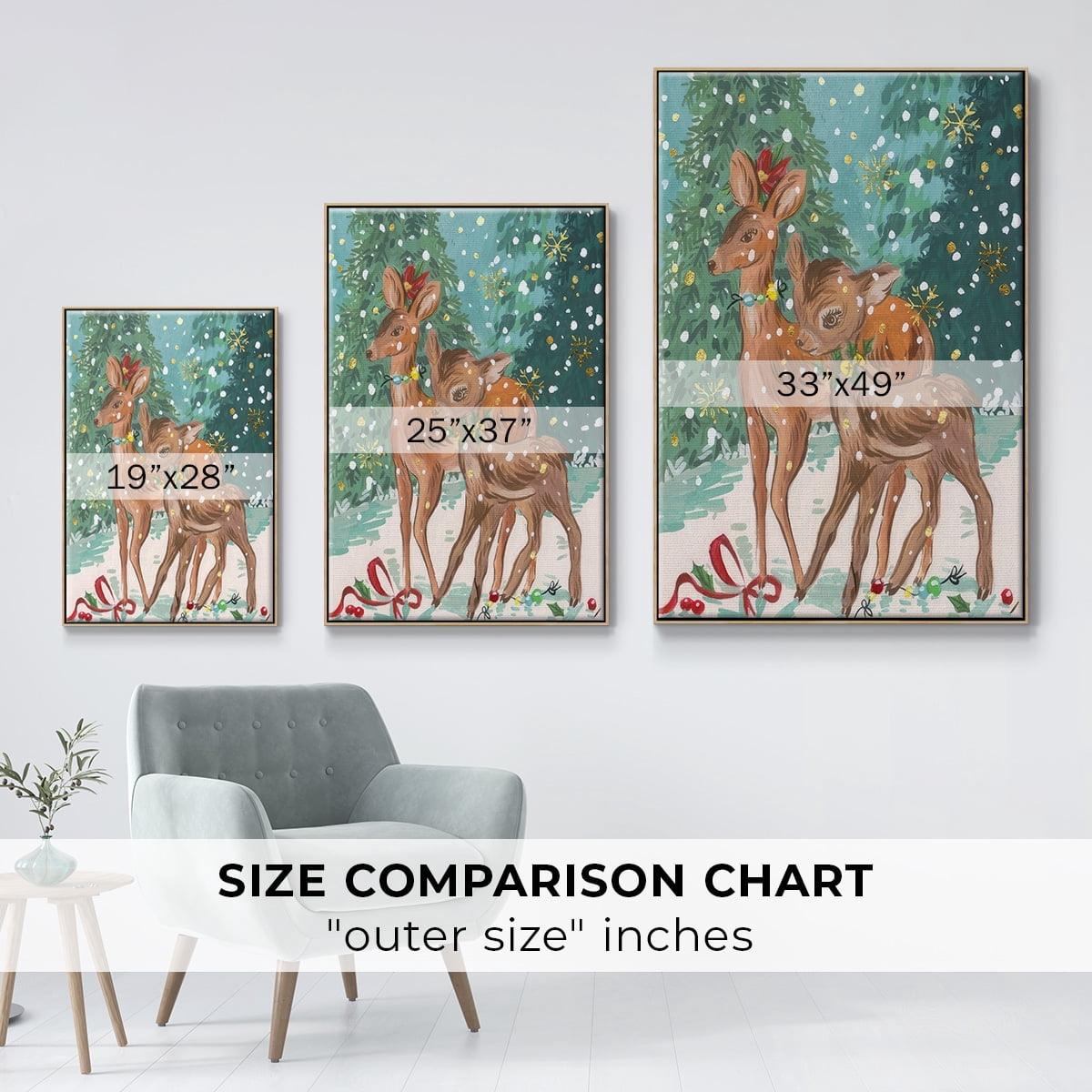 Doe and Fawn I - Framed Gallery Wrapped Holiday Canvas - 25 x 37 - Natural Wood Frame