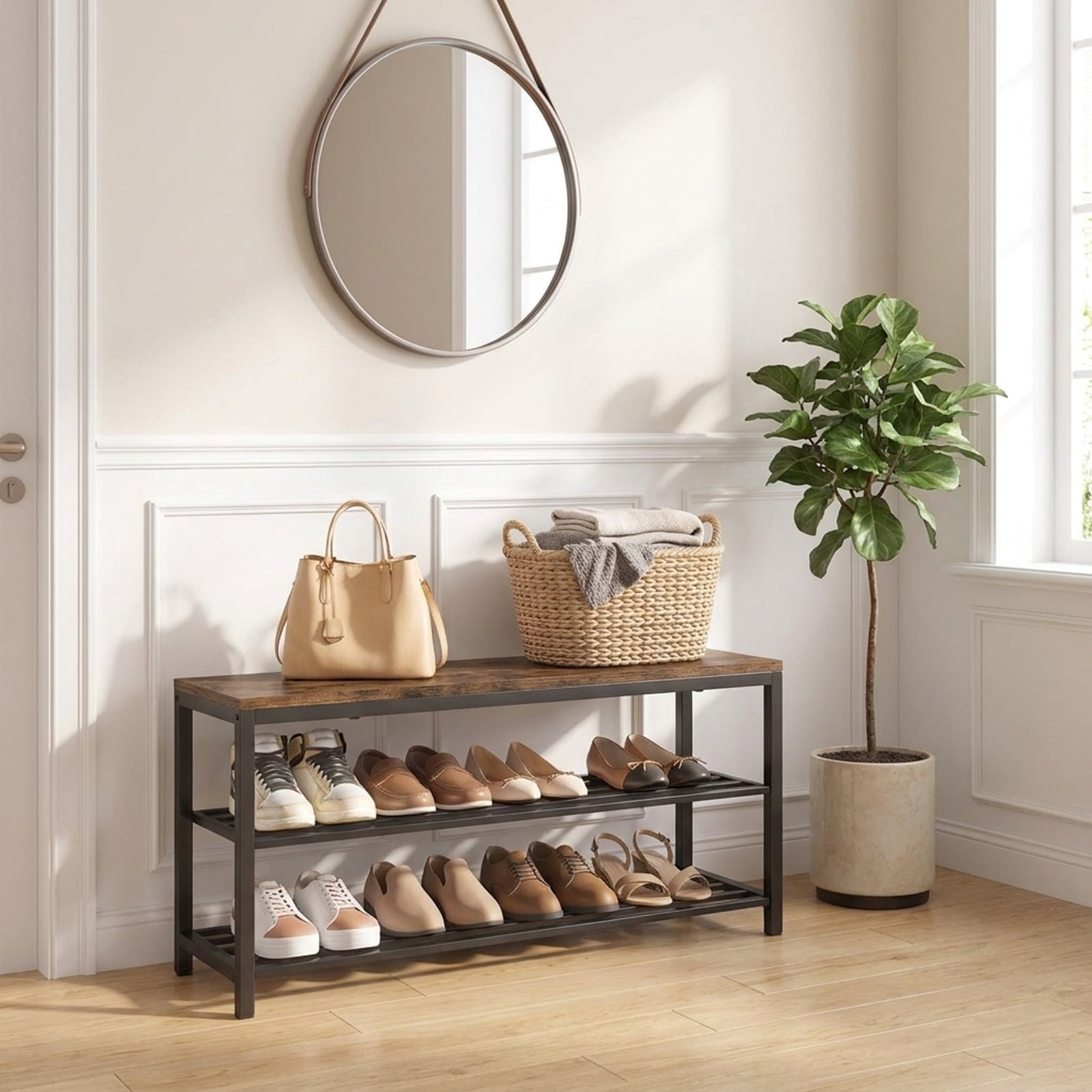 Furnibear 3 Tier Industrial Shoe Bench with 3 Removable Fabric Drawers and Anti Toppling Kits for Entryway Shoe Storage, Rustic Brown