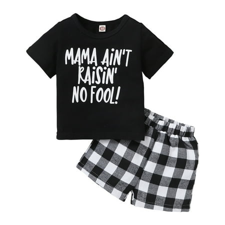 

Baby Boy Clothes Infant Boys Summer Sport Short Outfit Set Short Sleeve Letter Prints Tops Elastic Plaid Prints Shorts 2PCS Set Black 6-9 months