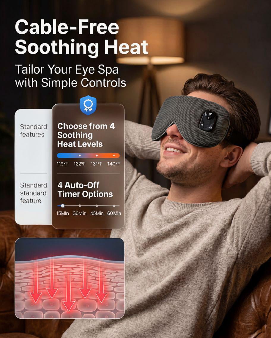 FACEMOON Heated Sleep Mask Rechargeable Comfort for Tired Eyes Natural Flaxseed Moist Heat Warm Compress Relaxation Black