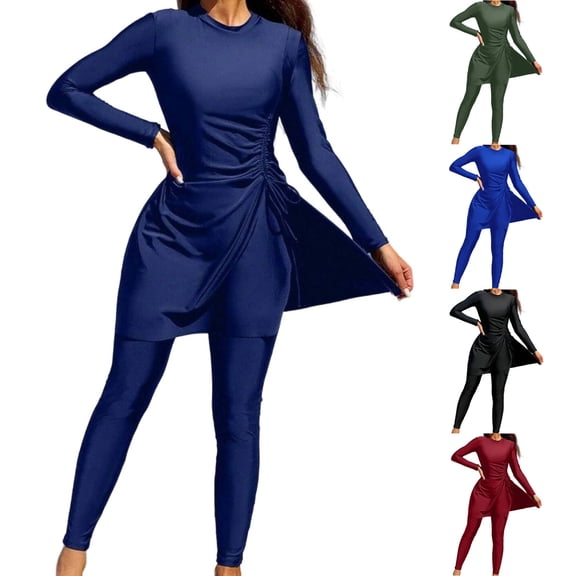 Miluxas Women's 2 Piece Long Sleeve Rash Guard Swimsuits Long Sleeeve Long Pants with Built-in Bra Red