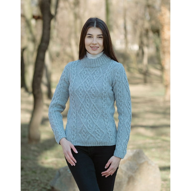 SAOL Aran Cable Knitted Irish Sweater 100% Soft Merino Wool Fisherman  Pullover Women's Jumper Made in Ireland 