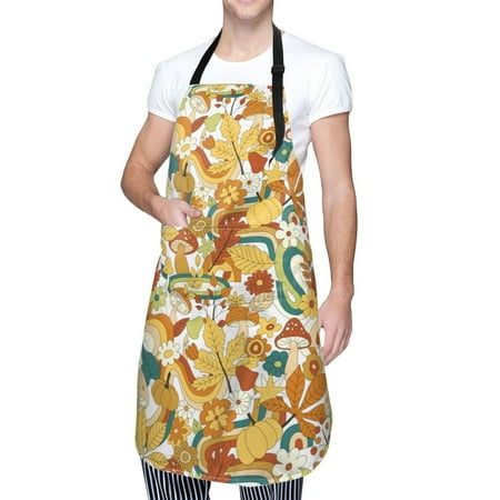 

Cauagu 70s Groovy Hippie Aprons with Pockets Waterproof Apron for Women Kitchen Cooking Apron Adjustable Bib Aprons Chef Apron for Cooking Drawing Crafting