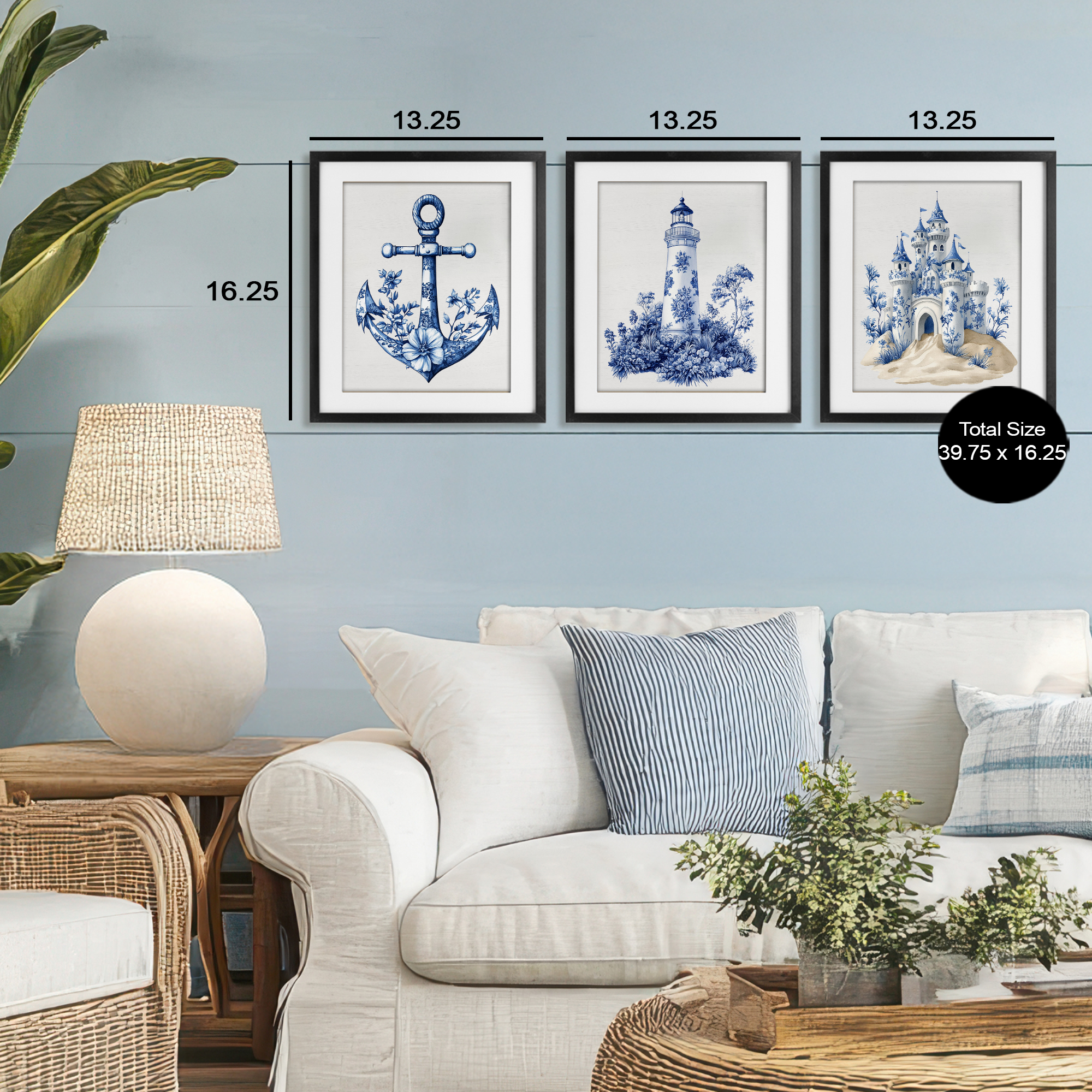 Ornate Nautical Toile Patterns 3 Piece Black Framed Print Under Glass Set, design by Lettered and Lined