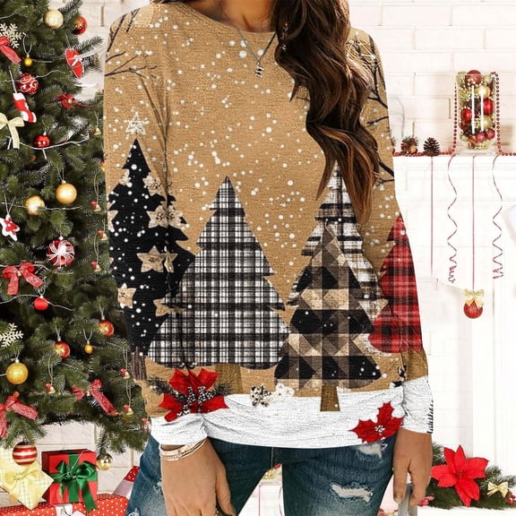 asdoklhq Christmas T Shirts for Womens' Christmas Printed Long Sleeved Round Neck Top/shirt Khaki 2X