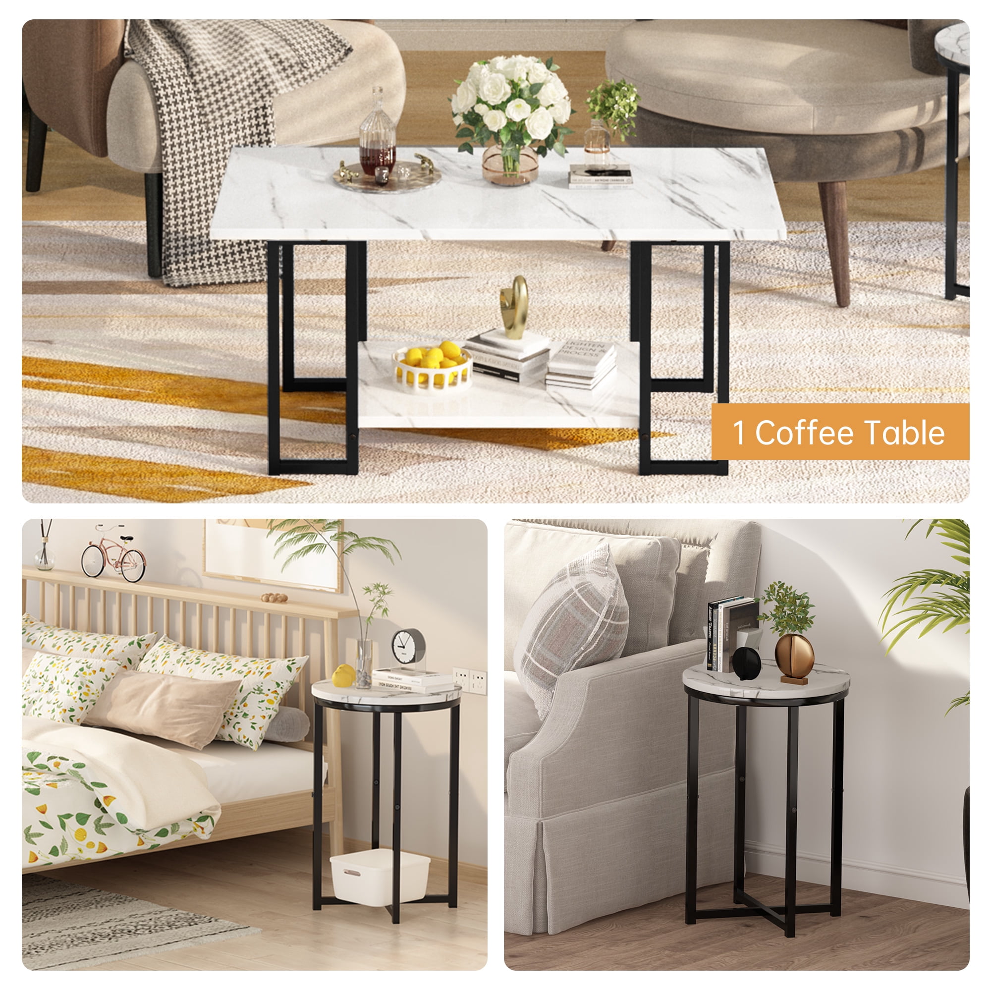 Baxluxe Coffee Table Set of 3, Faux Marble Coffee Table with 2 Round End Side Tables, Modern Living Room Table Set with Metal Frame for Apartment Home Office Small Place, White