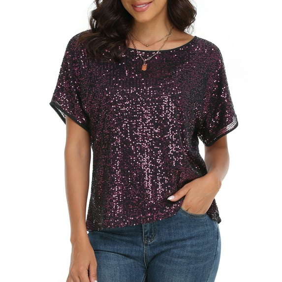 PrettyGuide Women's Sparkly Sequin Tops Short Sleeve Glitter Loose Party Shirt Blouse Boat Neck Dressy Top