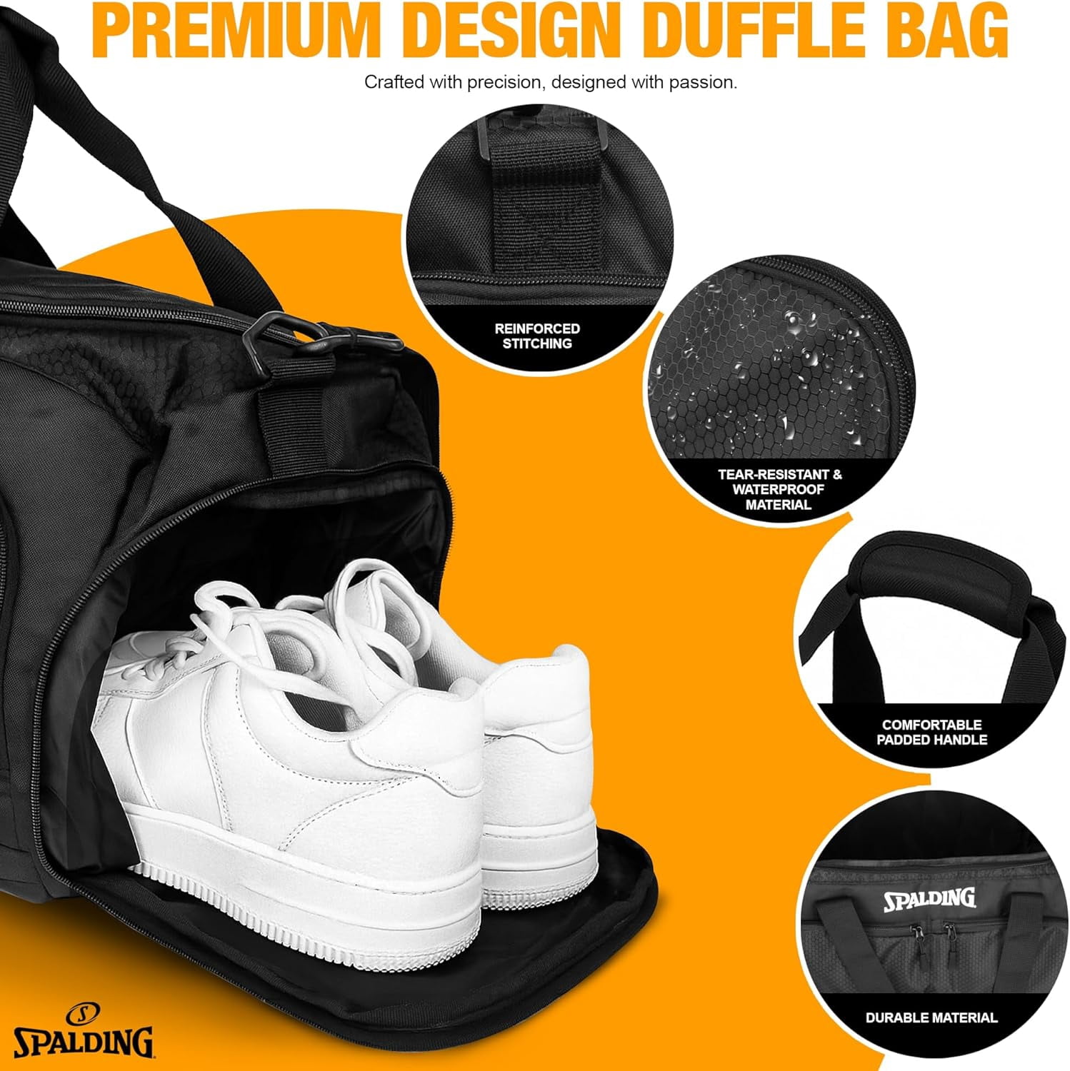 Spalding 55L Gym Duffle Bag with Shoe & Wet Compartment – Waterproof Sports Travel Bag for Men & Women, Black, 24 x 12 x 14 in