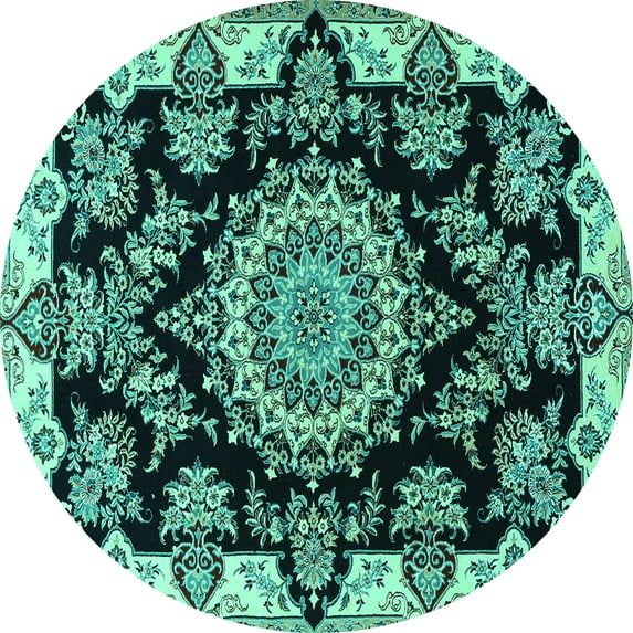 Ahgly Company Machine Washable Indoor Round Medallion Turquoise Blue Traditional Area Rugs, 6' Round
