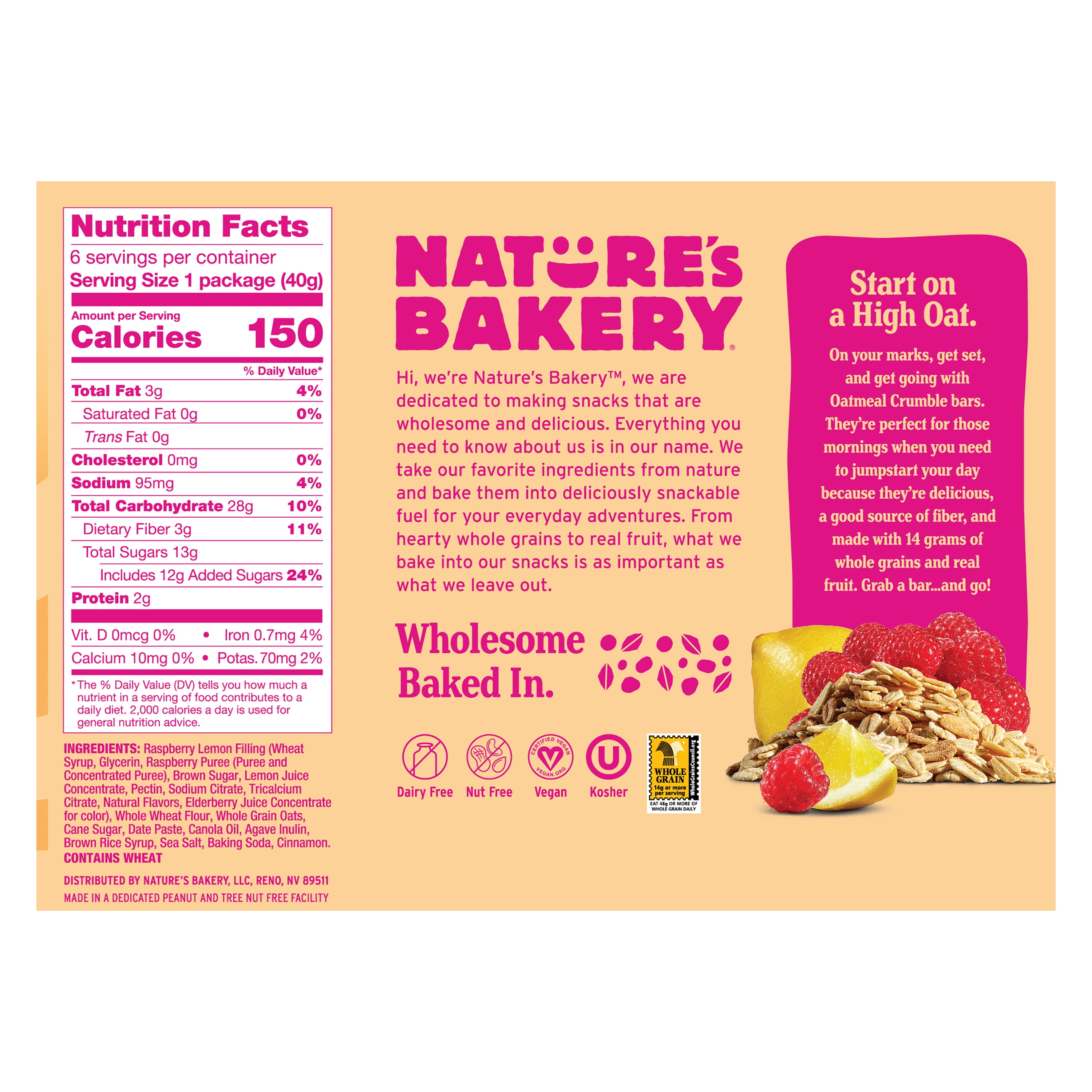 Nature's Bakery Raspberry Lemon Oatmeal Crumble Bars, 1.41 oz Bars, (36 Ct), Vegan, Non-GMO, Plant-Based