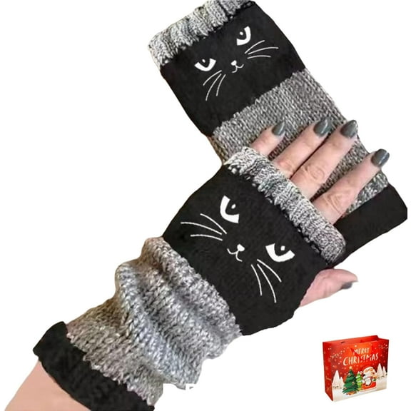 Women’s Knitted Fingerless Gloves with Cute Cat Embroidery, Warm Cat Embroidery Splicing Knitted Gloves with Thumb Hole