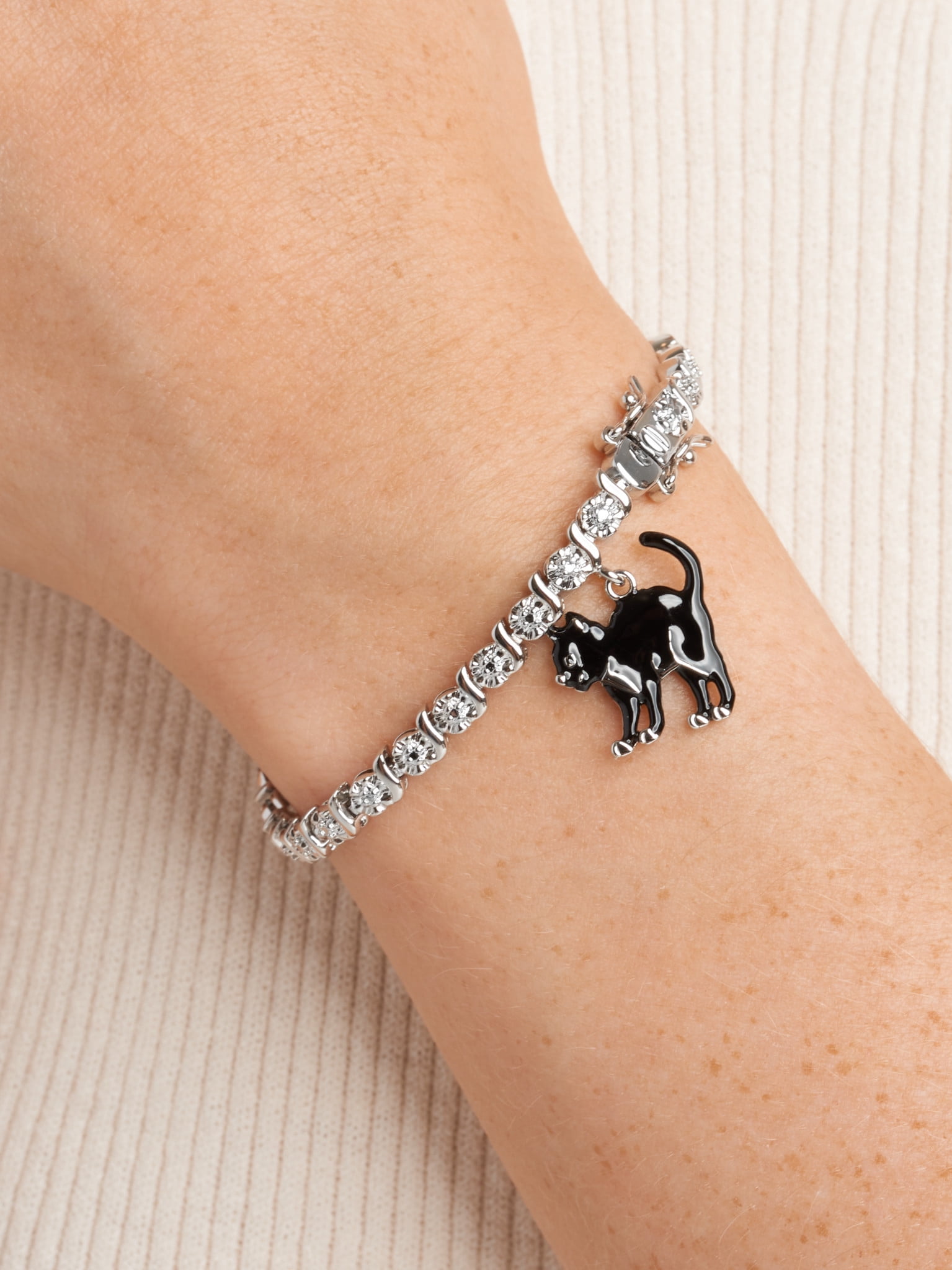 Fine Silver Plated Diamond Accent "S" Link Tennis Bracelet With Enamel Halloween Black Cat Charm 7.25"