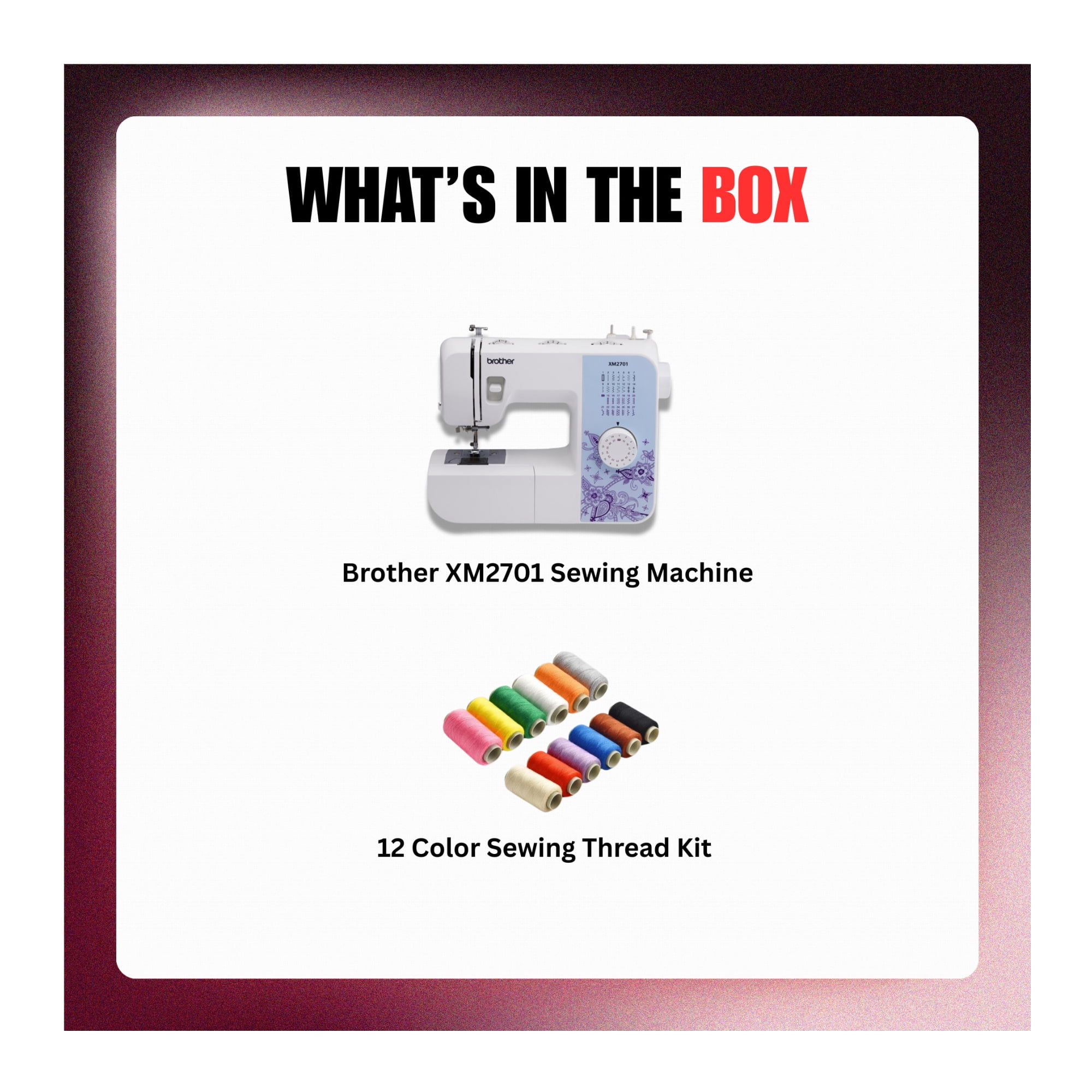 Brother XM2701 27 Built-In Stitches 63 Stitch Functions Automatic Needle Threader LED Sewing Machine Bundle with 12 Color Sewing Thread Kit (13 Items)