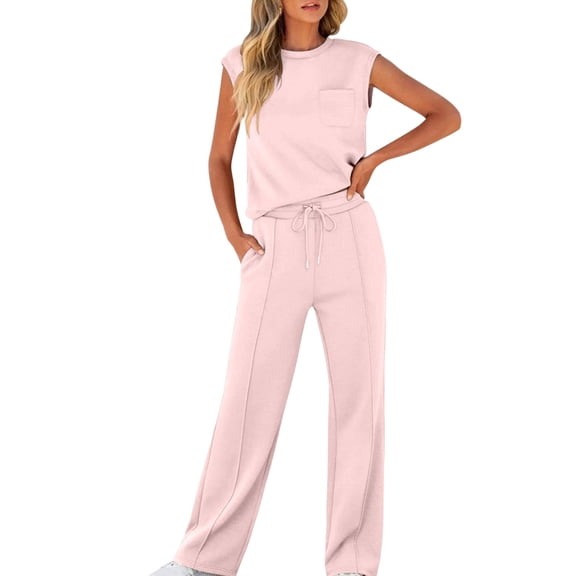Lounge Sets for Women Casual 2 Piece Drawstring Long Pants with Pockets Round Neck Sleeveless High Elasticity Loose Set
