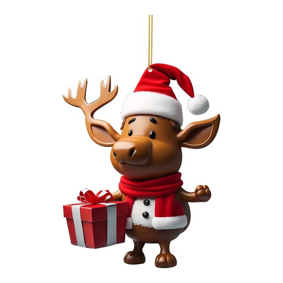 SLYNSHome Christmas Tree Deer Hanging Ornament,3.1 Inch Cute Reindeer with Gifts Box Xmas Flat Acrylic Elk Pendants for Holiday Car Backpacks Christmas Home Decoration Deer Lovers Gifts