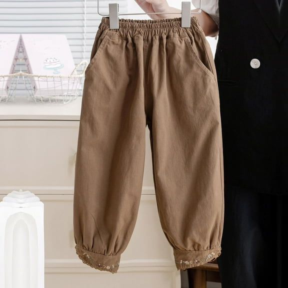 SYMOID Girls' Solid Color Loose Harem - Style Pants with Embroidered and Lace Trim for 3 - 12 Years Old,Khaki,Size 2-3T