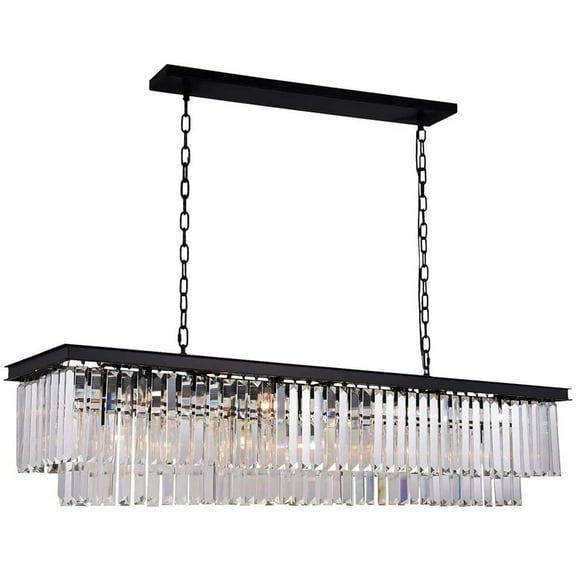 40" Rectangular Crystal Fringe Chandelier, Black Finish and Clear Glass