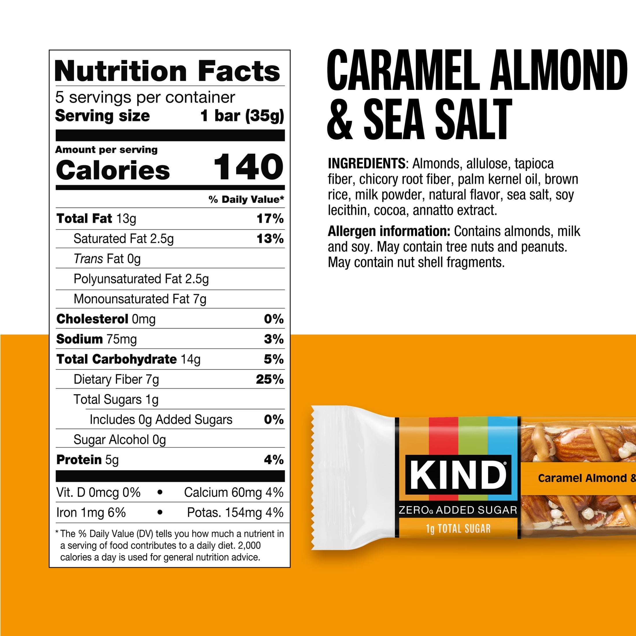 KIND Zero Added Sugar Bars, Caramel Almond & Sea Salt, Gluten Free, High Fiber, 5 Count