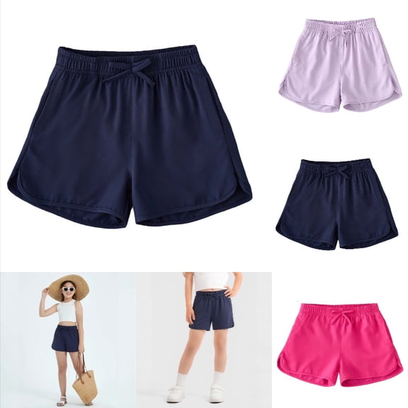 Krdevn Girls' Cotton Blend Shorts, Elastic Waist Bow Tie Casual Summer Shorts for Kids,Navy