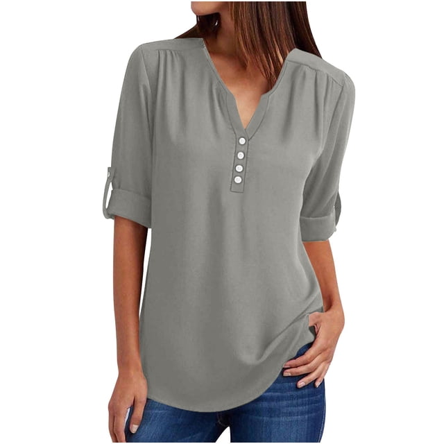 Yuyuzo Chiffon Tops for Women Half Sleeve V Neck Buttons Tunic Tops Solid Color Flowy Tee Shirts