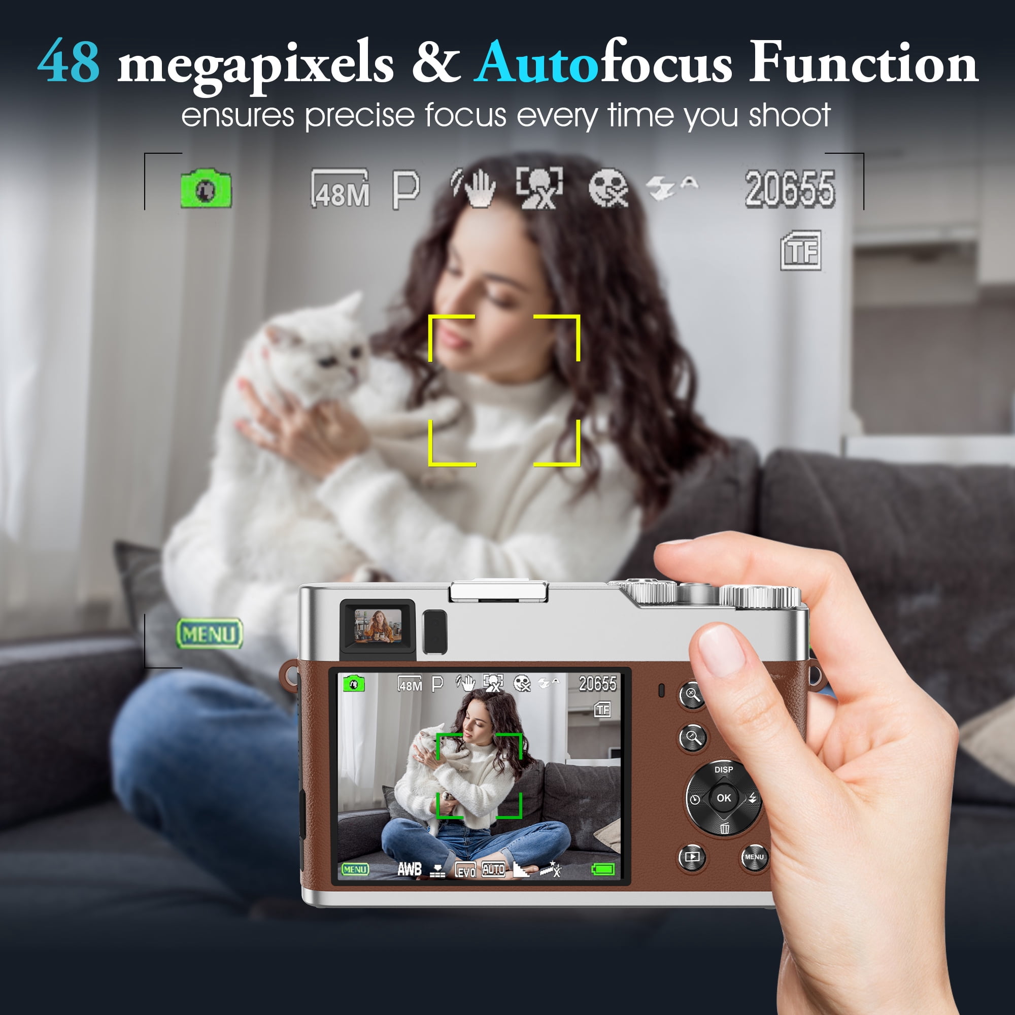 Digital Camera 4K Autofocus Anti-Shake 16X Zoom 48MP Compact Point and Shoot Digital Camera with 32GB Micro Card, Brown