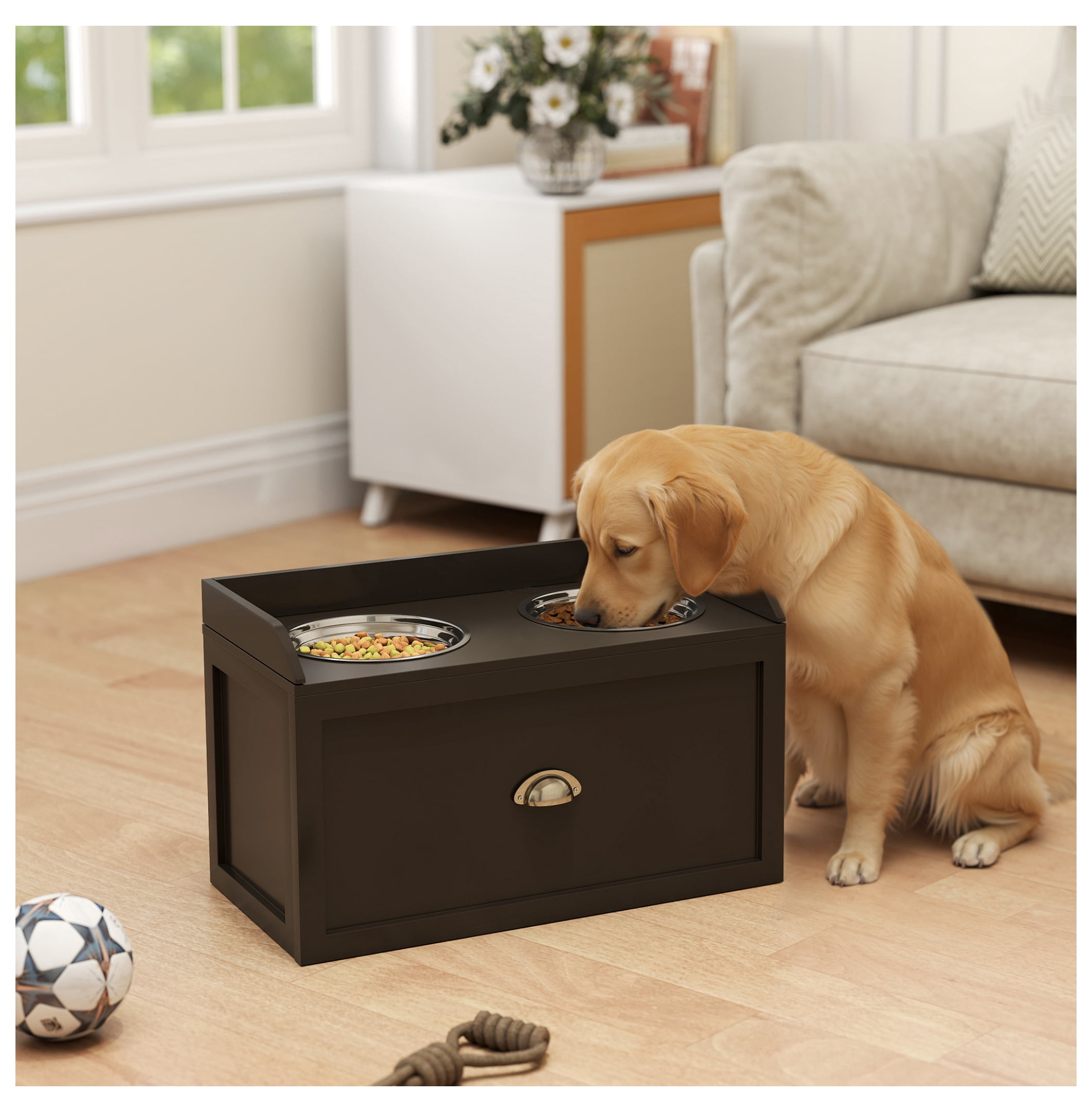 Elevated Dog Bowls with Storage, Pet Feeding Station for Large Dogs, 2 Stainless Steel Bowls, Coffee Finish