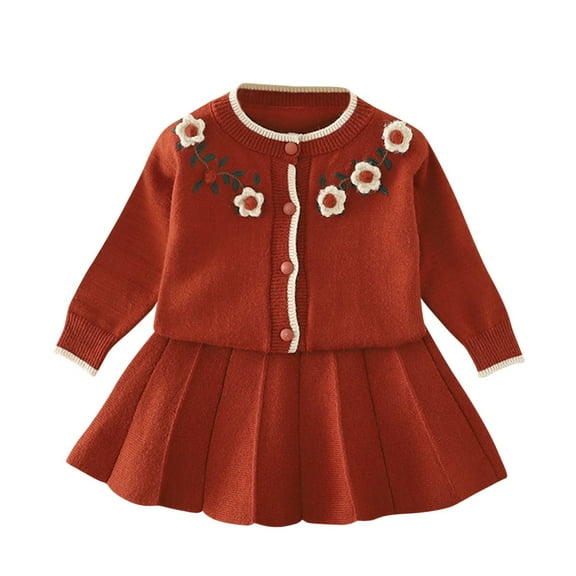 IVEYRTF Kids Knit Sweater Flower Cardigan Tops and Skirt Two Piece Set Half Skirt Fashion Cute Comfortable Fall Winter Set Childrens Set(Coffee,6 Years)