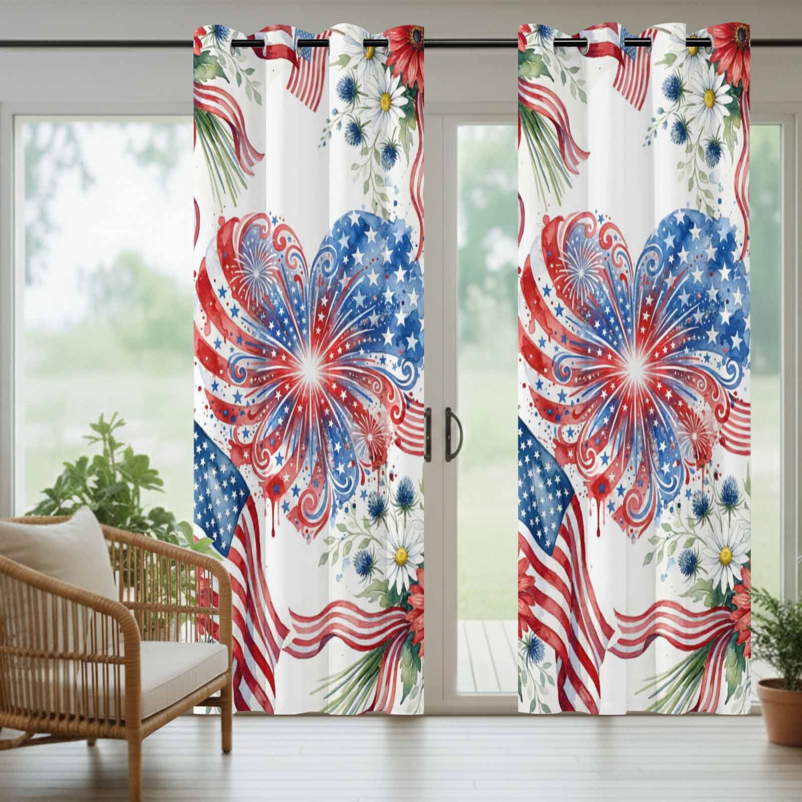 Independence Day Outdoor Curtains for Patio, Abstract American Flag Heart Red Blue Flower Daisy Sunshade Privacy Drapes Grommet Waterproof Outside Curtains for Porch/Cabana/Balcony 54"x 95", 2 Panel