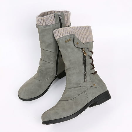 

Akiihool Winter Boots for Women Boots for Women Embroidered Pull-On Winter Lace up Mid Calf Boots (Grey 9)