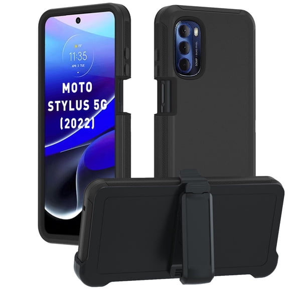 Phone Case for Motorola G Stylus 5G, Heavy Duty 3-Layer Hybrid Silicone Shockproof Cover with Belt Clip, for Moto G Stylus 5G (2022) Protective Shell, Black