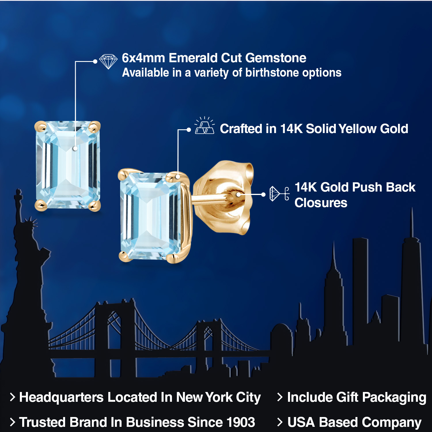 Gem Stone King 14K Yellow Gold Sky Blue Aquamarine Stud Basket Setting Earrings for Women Men | 1.00 Cttw | Gemstone March Birthstone | Emerald Cut 6X4MM | Double Notch | Gold Earrings for Women Men