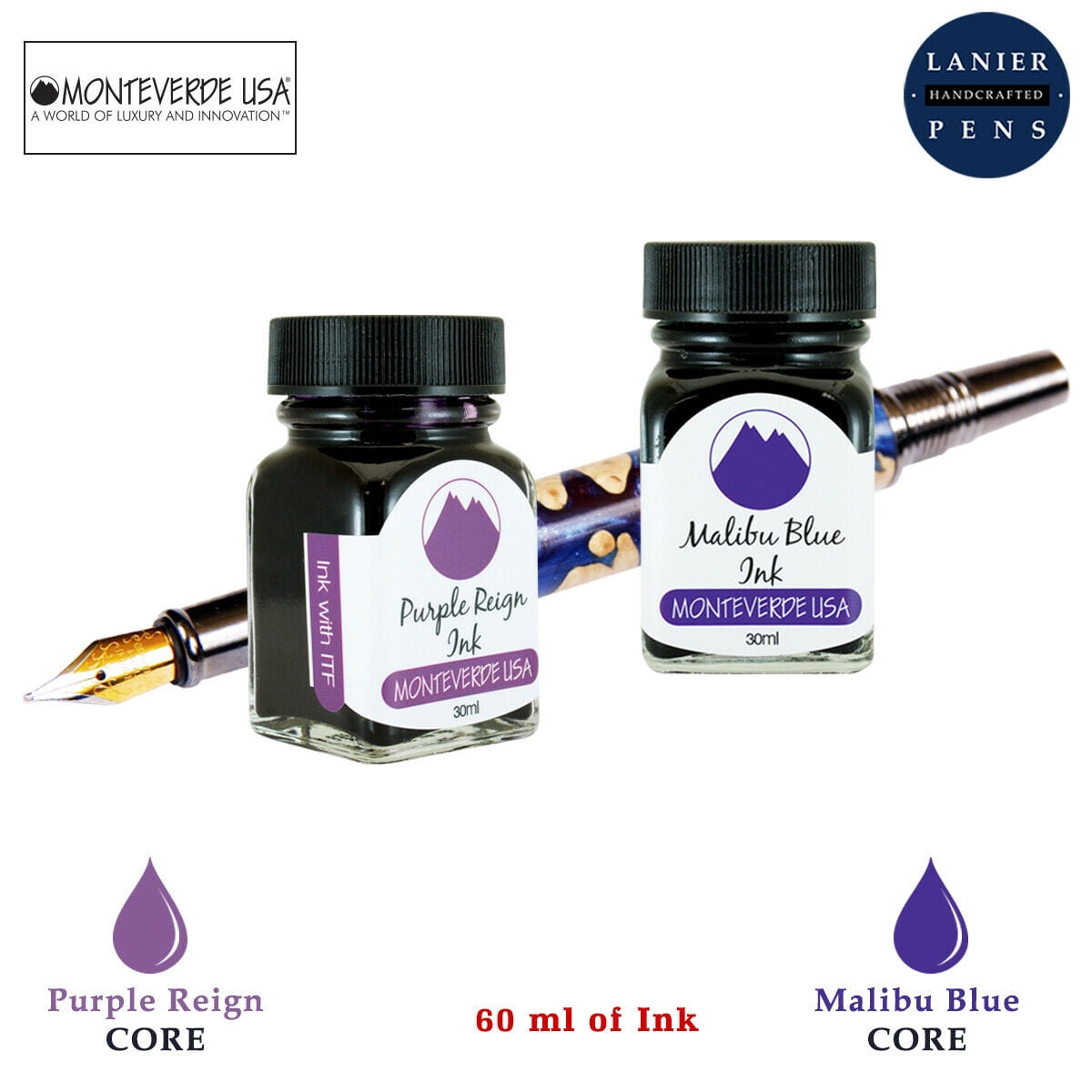 Monteverde 60ml Core Fountain Pen Ink Bottle (30ml Purple Reign Ink Bottle G309PR, 30ml Malibu Blue Ink Bottle G309MU)